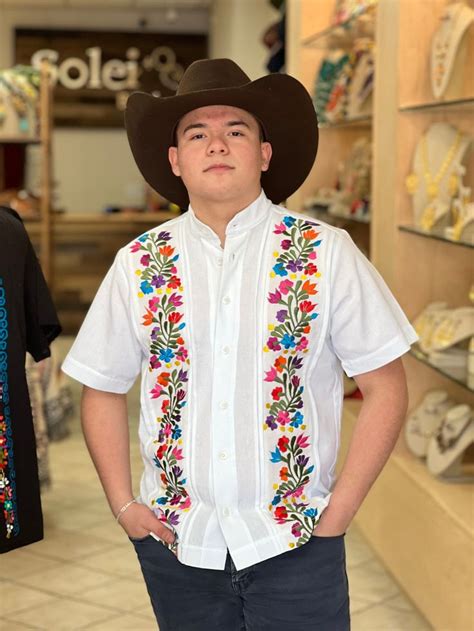 Mens Mexican Traditional Shirt Floral Embroidered Guayabera For Men