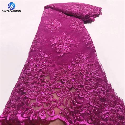 Sinya Fuchsia Pink African Sequins Beaded Lace Fabric 5 Yards High