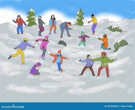 Children Playing Throwing Snow on a Snowy Hill Illustration Stock ...