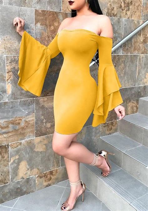 Yellow Ruffle Boat Neck Off Shoulder Backless Bell Sleeve Bodycon