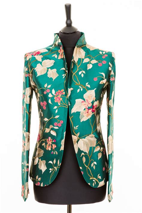 Ladies Teal Embroidered Silk Jacket Women S Fitted Etsy Uk