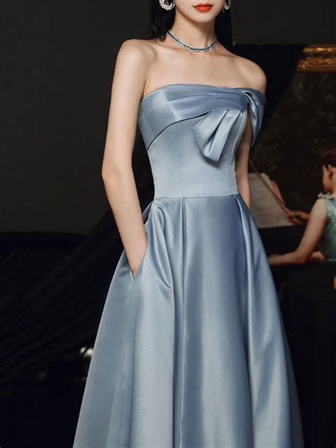 Simple A Line Satin Gray Blue Long Prom Dress, Gray Blue Long Bridesma ...