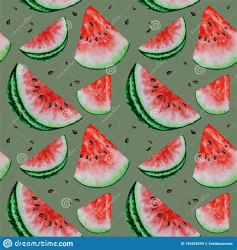 Watermelon Slice Fruit Seamless Patterns Watercolor Hand Drawn Illustration Fresh Healthy Food