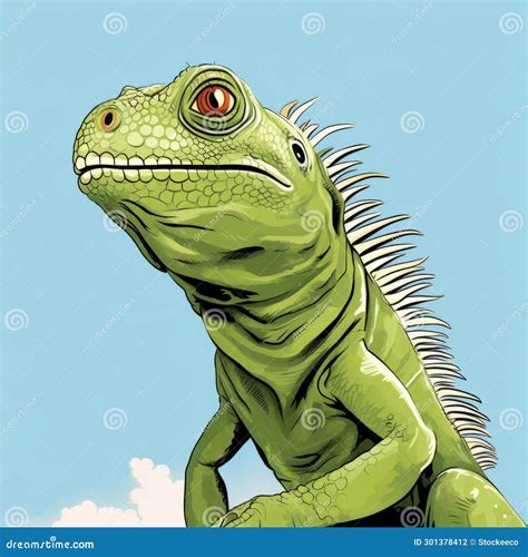 Vibrant Hyper Realistic Illustration Of A Green Iguana In A Blue Sky