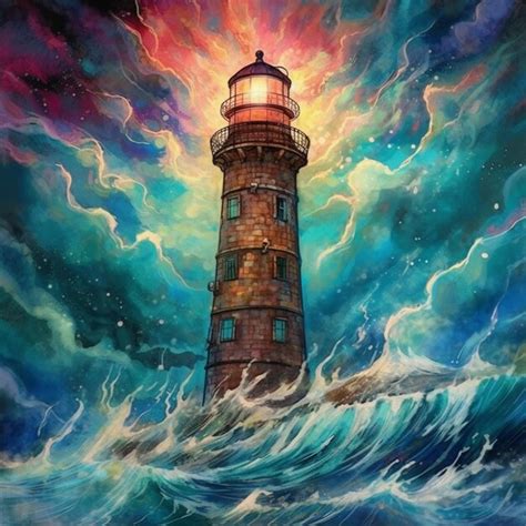 Premium AI Image Painting Of A Lighthouse In The Middle Of A Stormy