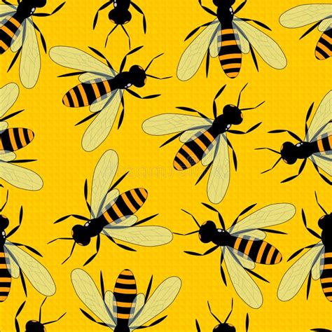 Bees Seamless Pattern Bright Yellow Background With Large Bees Stock