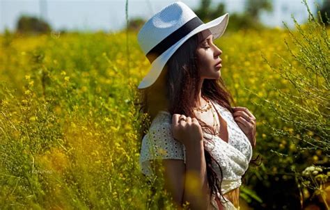 Wallpaper Sky Nature Flowers Model Women Brunette Plants White Hat For Mobile And Desktop