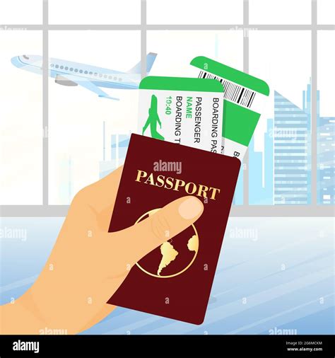 Vector Illustration Of Hand Holding Passport With Tickets On Airport