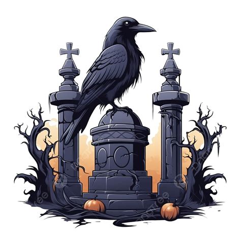 Halloween Raven Cartoon On Grave In Front Of Castle Design Halloween