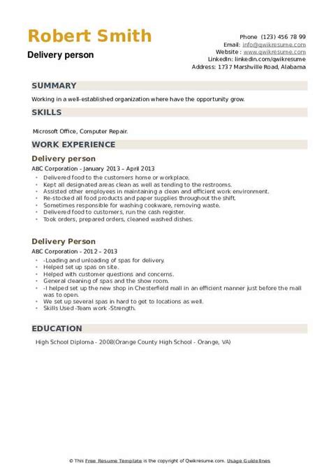 Delivery Person Resume Samples | QwikResume