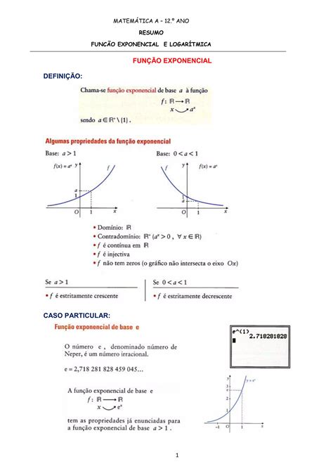 Resumo Exponenciais E Logaritmicas Matemática A 12º Ano Pdf