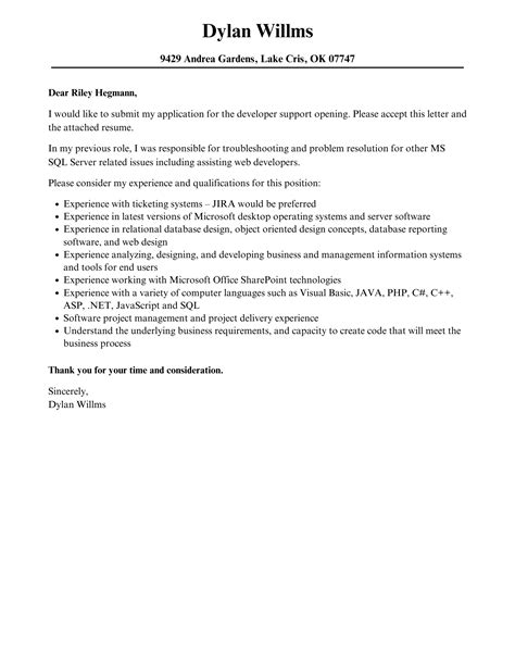 Developer Support Cover Letter Velvet Jobs