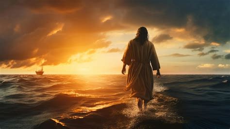 Premium AI Image Jesus Christ Walking Towards A Boat On Stormy Sea At