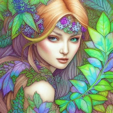 Elegant Hyperrealistic Adorable Goddess And Magical Foliage Fantasy