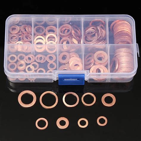 200Pcs Solid Copper Washer M5 M14 Flat Ring Sump Plug Oil Seal Assorted