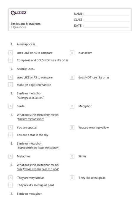 50 Similes Worksheets For 7th Grade On Quizizz Free And Printable