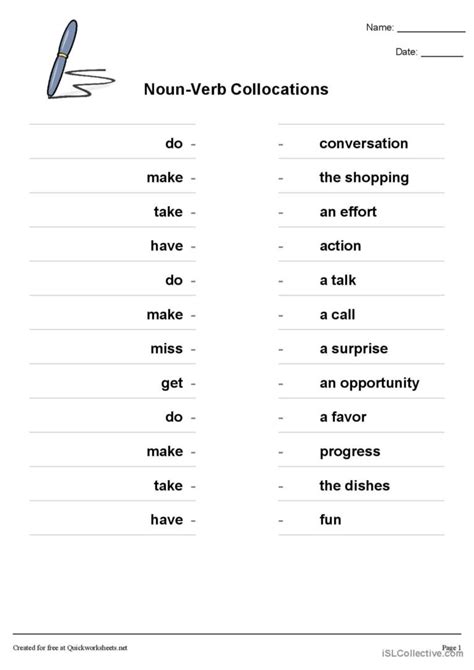 Noun Verb Collocations English Esl Worksheets Pdf Doc