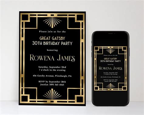 Great Gatsby Birthday Invitation Art Deco Roaring 20s Black And Gold