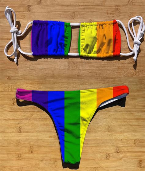 Swimwear Square Halter Tie Bikini Set Gay Pride Flag Thong Cheeky Full