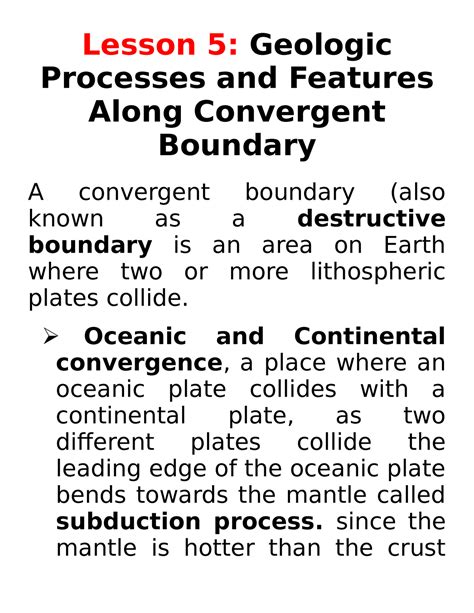 Lesson 5 Geologic Prcesses In Convergent Boundary Lesson 5 Geologic Processes And Features