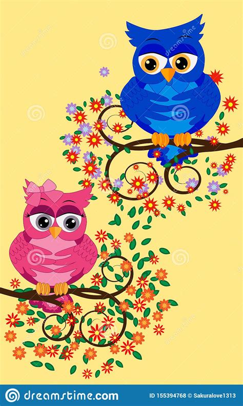 Three Cute Colorful Cartoon Owls Sitting On Tree Branch With Flowers