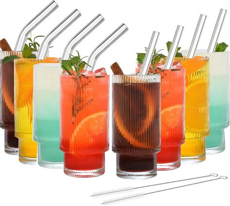 ALINK Ribbed Drinking Water Glasses With Glass Straws 8pcs Set Vintage