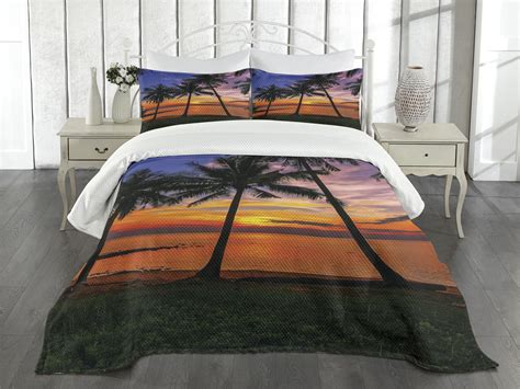 Tropical Bedspread Set King Size Exotic Palm Trees Pattern With Beach