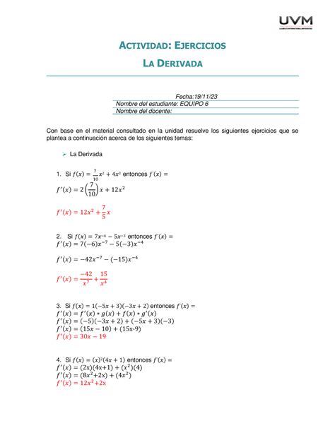 Ejercicios Actividad Actividad Ejercicios La Derivada Fecha