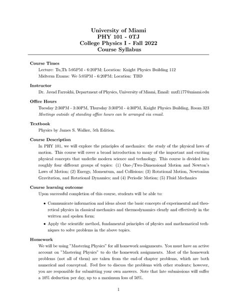 Physics Syllabus University Of Miami Phy Tj College Physics I