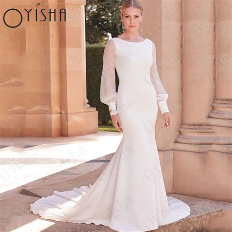 Oyisha Elegant Fashion Puff Sleeve Bride Gowns Scoop Neck Mermaid