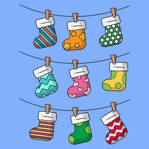 Collection of colorful cartoon Christmas socks. Christmas decoration