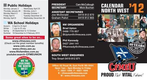 2012 NW Members RDO Calendar Cfmeu