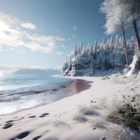 Premium Photo | A snowy beach with a snowy mountain in the background