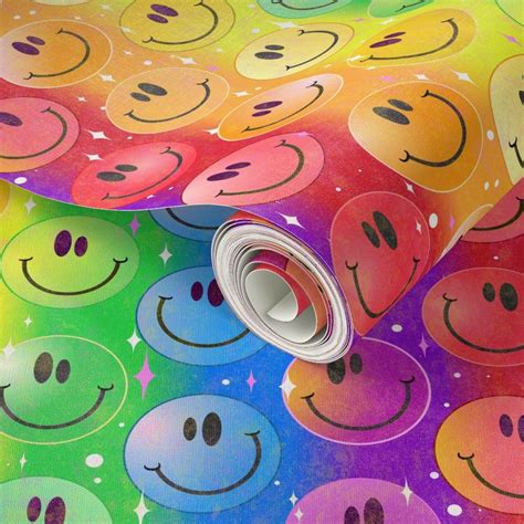 Very Rainbow! Rainbow Smiley Face Wallpaper | Spoonflower