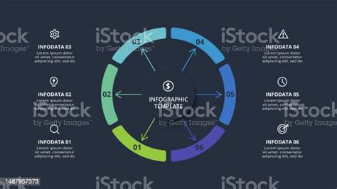 แนวคิดไดอะแกรมสําหรับอินโฟกราฟิกที่มี 6 ขั้นตอนตัวเลือกชิ้นส่วนหรือกระบวนการ เทมเพลตสําห