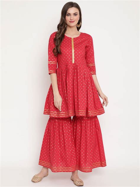 Ahalyaa Women Red Ethnic Motifs Printed Empire Gotta Patti Pure Cotton