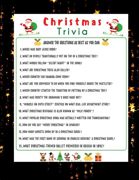 Christmas Trivia Game Holiday Party Game Christmas Printable Game