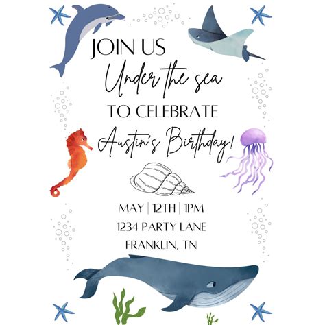 Editable Under The Sea Birthday Invitation Template Digital Download Underwater Ocean Themed