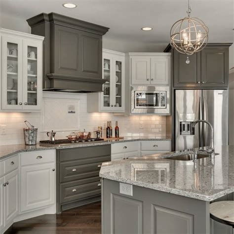 Grey Kitchen Cabinets With White Granite Countertops