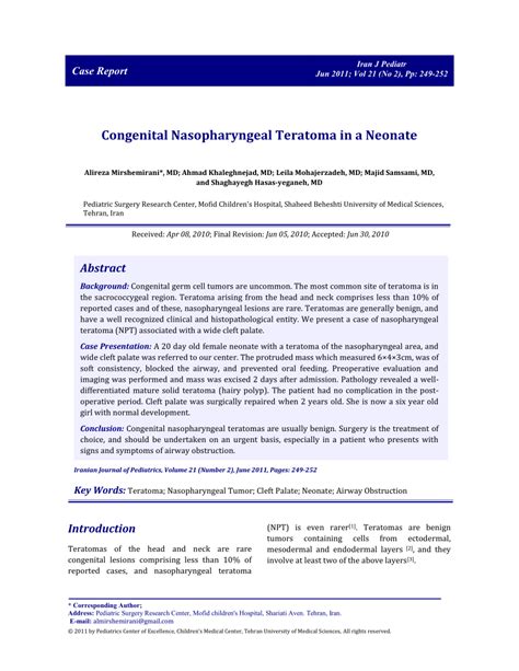 Pdf Congenital Nasopharyngeal Teratoma In A Neonate