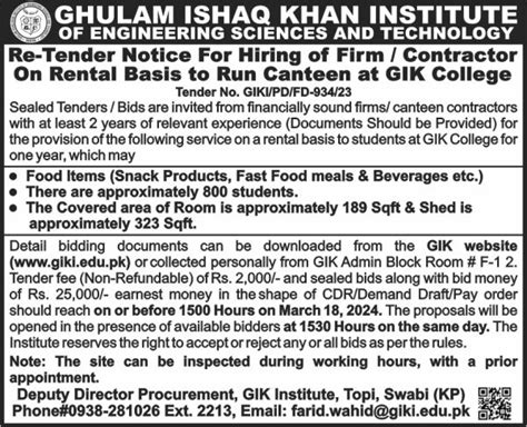 Re Tender Notice For Hiring Of Firmcontractor To Run Canteen At Gik