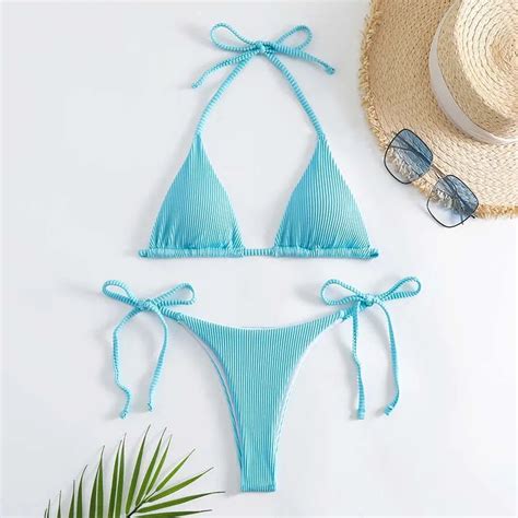 Womens Ribbed Tie Front Triangle Bikini Swimwear Set On Luulla