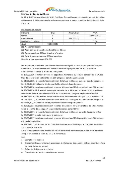 S Rie Des Exercices De Comptabilit Des Soci Tes Avec Correction