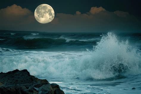 Premium Photo | A full moon rising over the ocean with waves