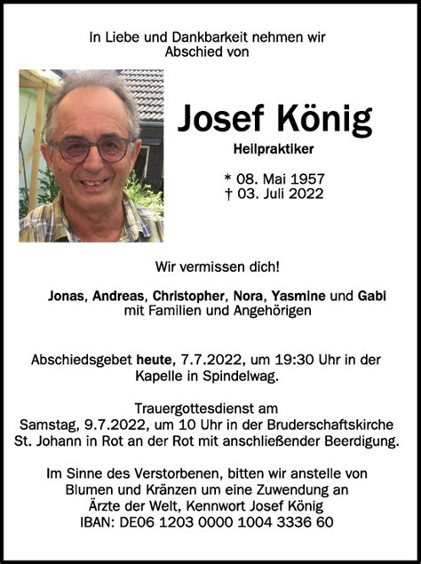 Traueranzeigen Von Josef K Nig Schwaebische De Trauerportal