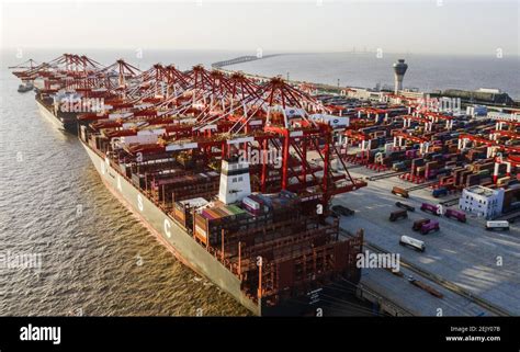 An Aerial View Of Containers Piled Up At Yangshan Port A Deep Water