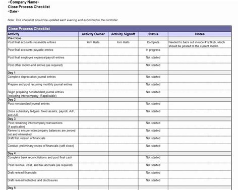 Month End Closing Checklist Template