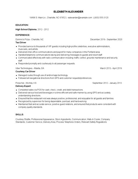 Taxi Driver Resume Example