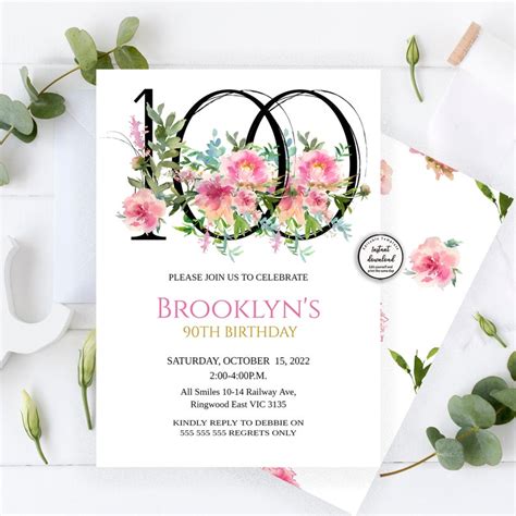 Pink Floral 100th Birthday Invitation 100th Birthday Etsy