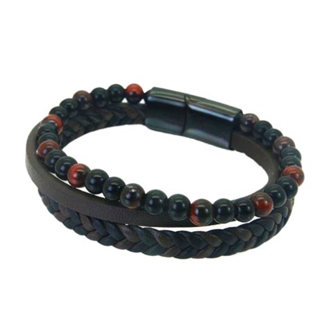 Bracelet Homme Multi Rangs Cuir Marron Et Pierre Naturelle Oeil De Tigre